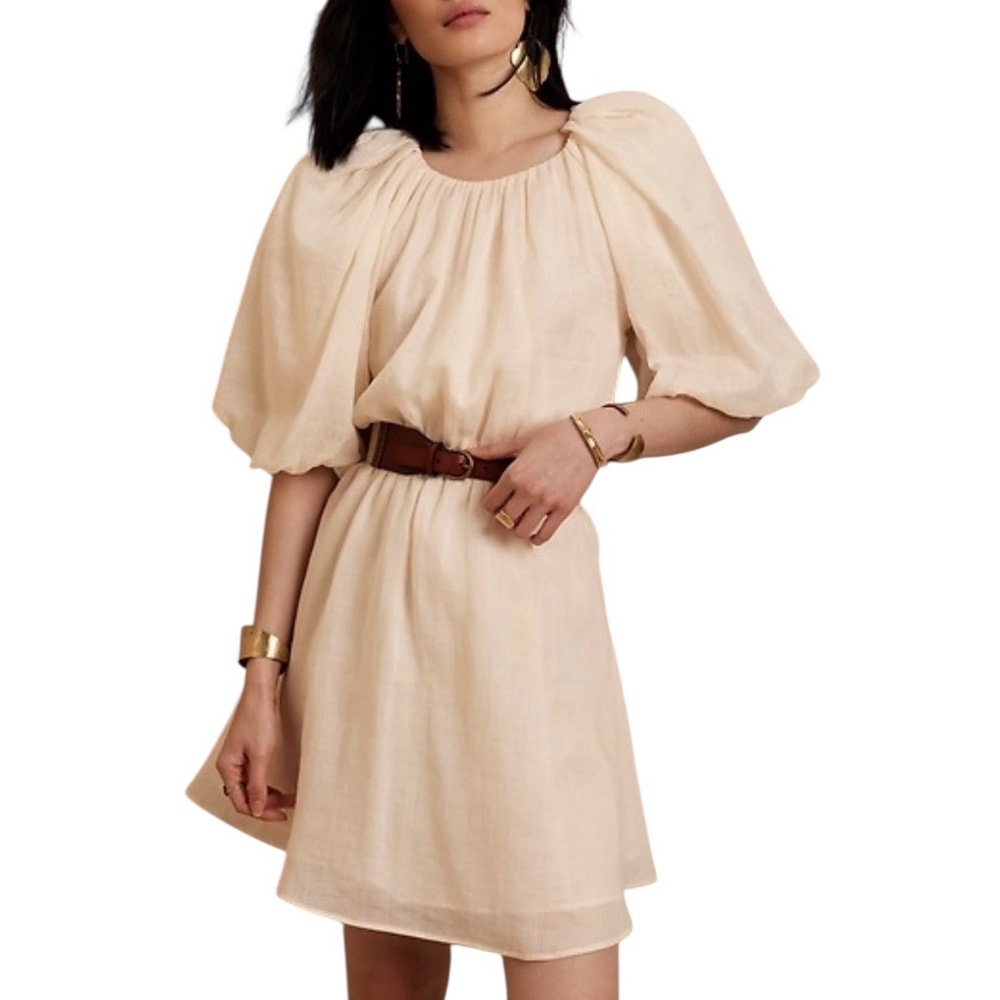 Banana Republic Ramie Elegant Cream Puff Sleeve Dress with Open Back. Size L.